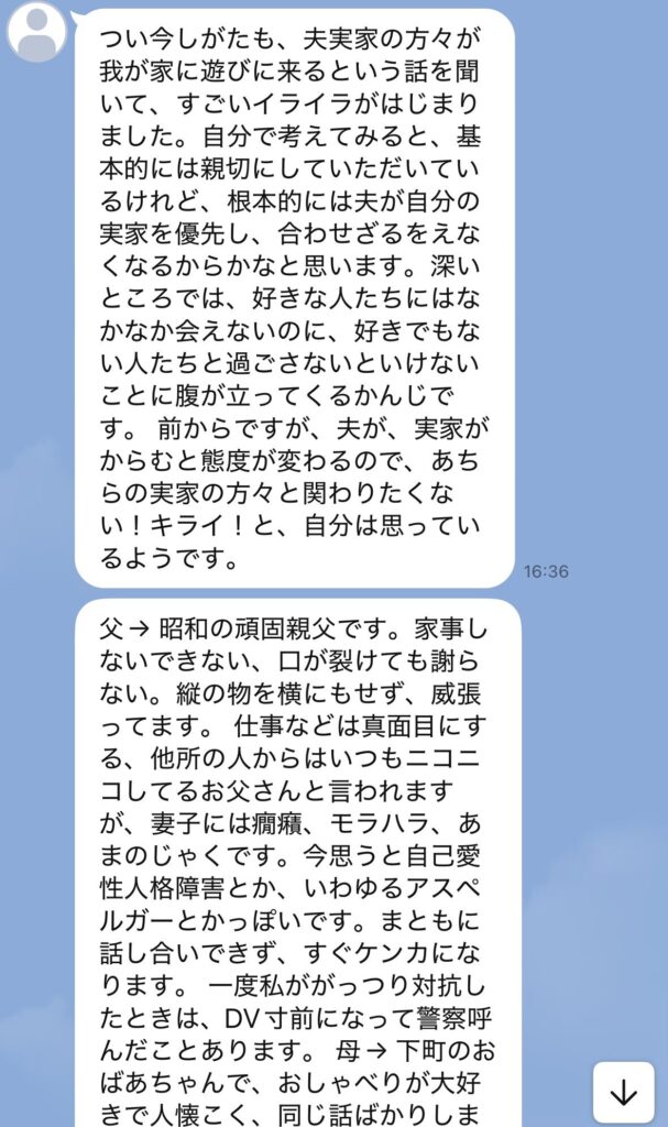 義実家や実父母との関係との悩みLINE相談内容