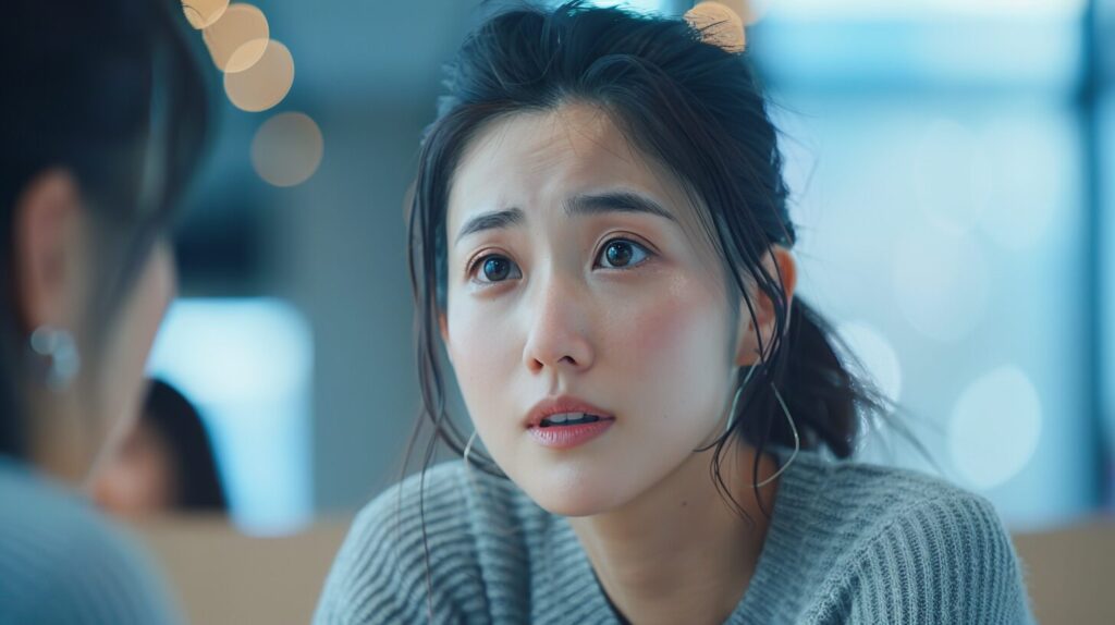 母の感情コピーに気づき、不安そうに話す大人の女性