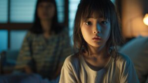 緊張した表情で不安を抱える少女と後ろにいる母親